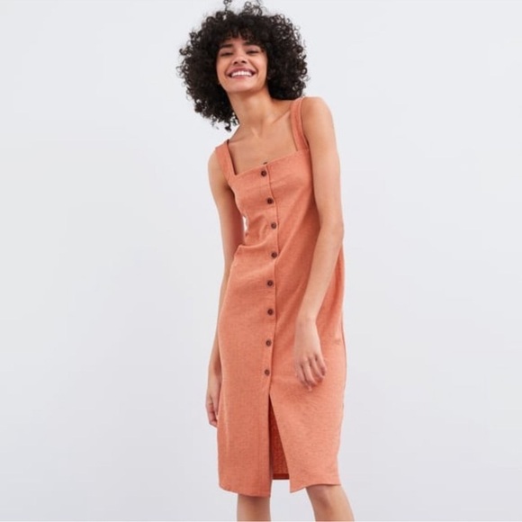 Zara square neck button through button down split slit midi dress - Picture 1 of 8